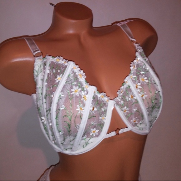 Victoria Secret Bra Set 38DDD Push Up Without Padding X Large Panty White Floral - Picture 2 of 4